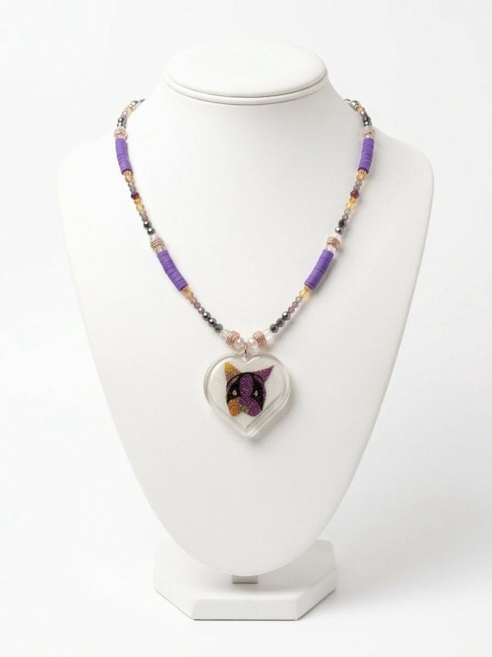 Dog Purple Beaded Heart Pendant Necklace - Elegant Floral Accent